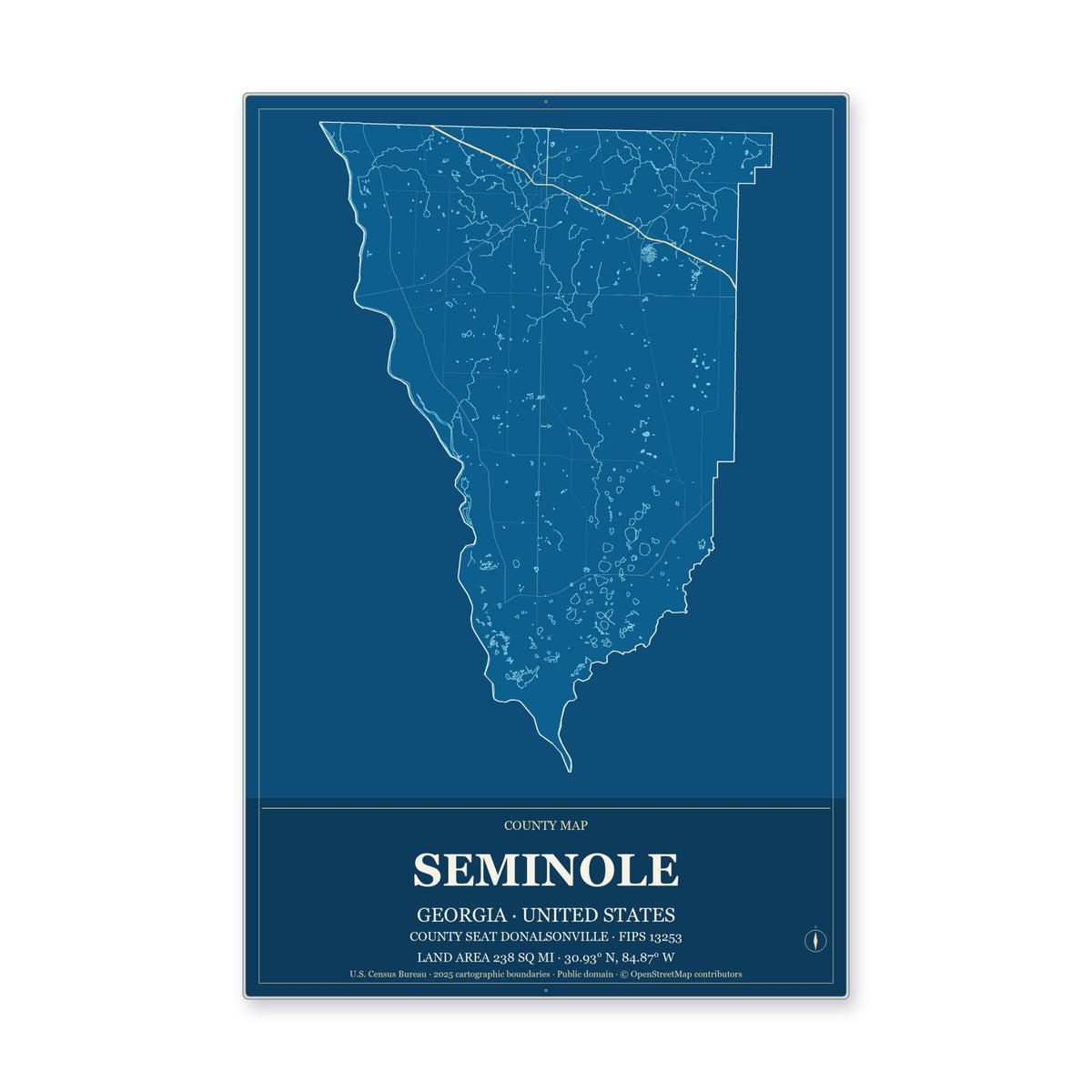 Seminole County, Georgia Map Aluminum Sign in Harbor Cobalt style