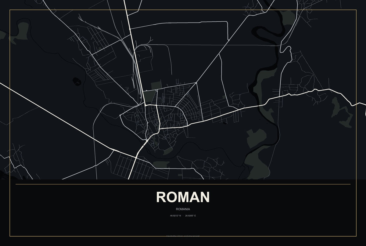 Roman, Romania City Map Aluminum Sign in Metropolitan Noir style