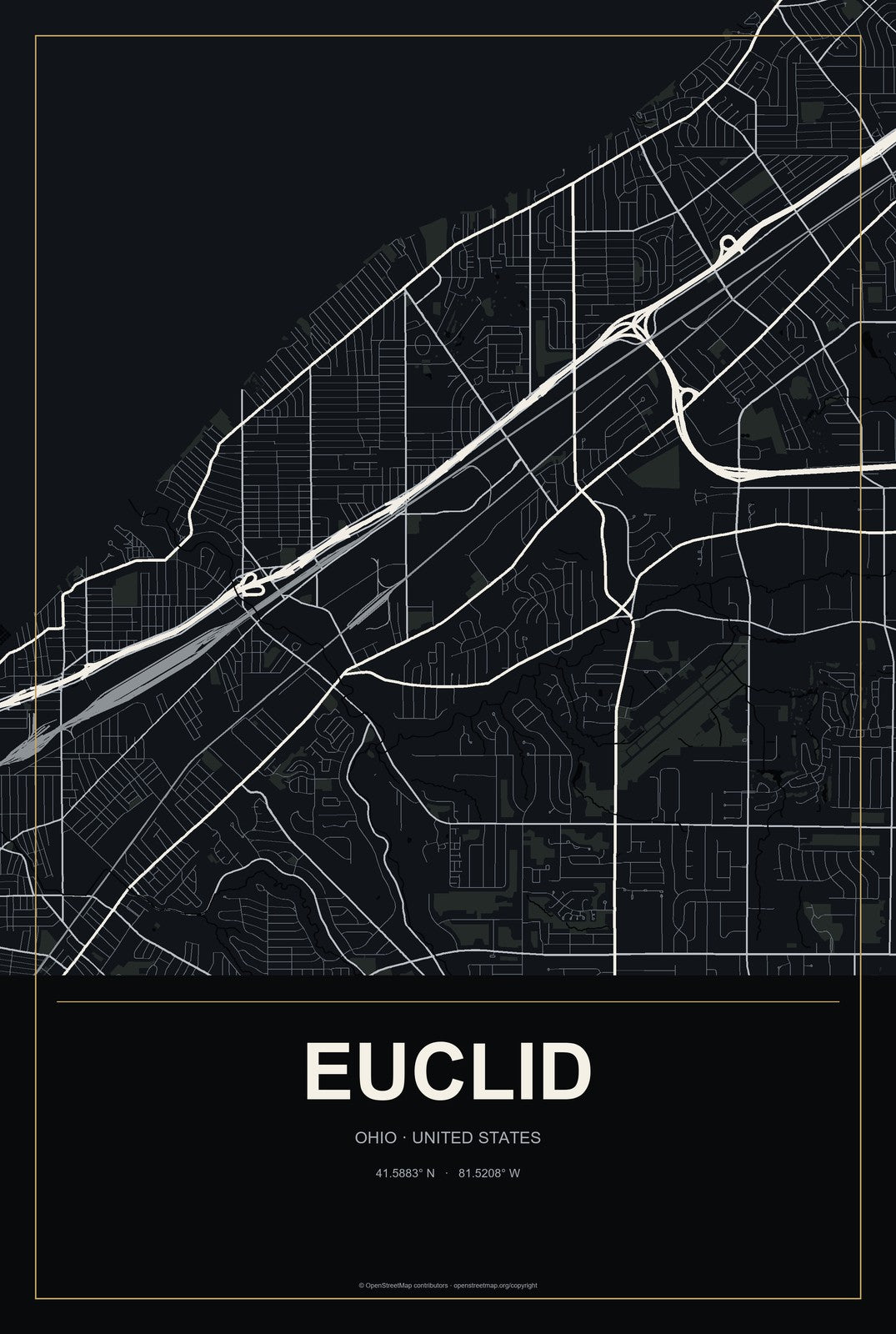 Euclid, Ohio City Map Aluminum Sign in Metropolitan Noir style