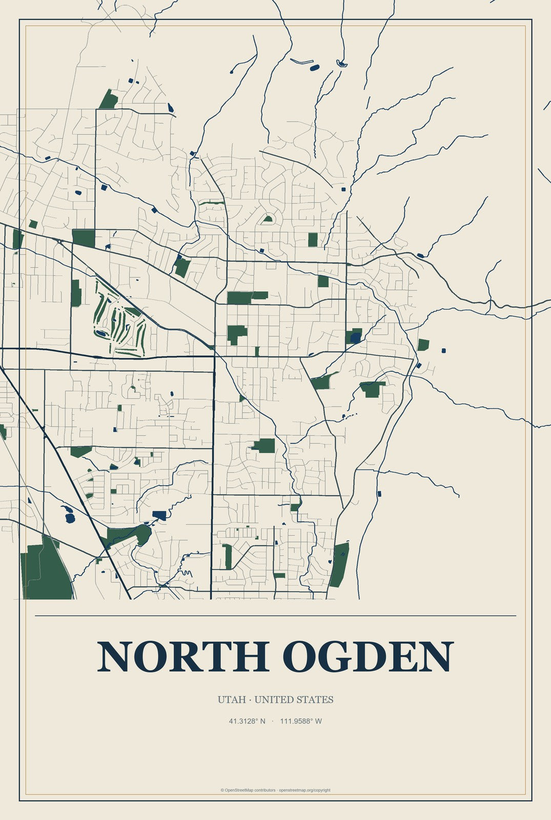 North Ogden, Utah City Map Aluminum Sign in Coastal Cutout style