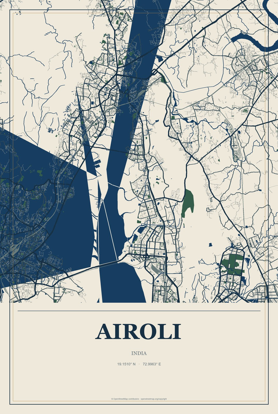 Airoli, India City Map Aluminum Sign in Coastal Cutout style