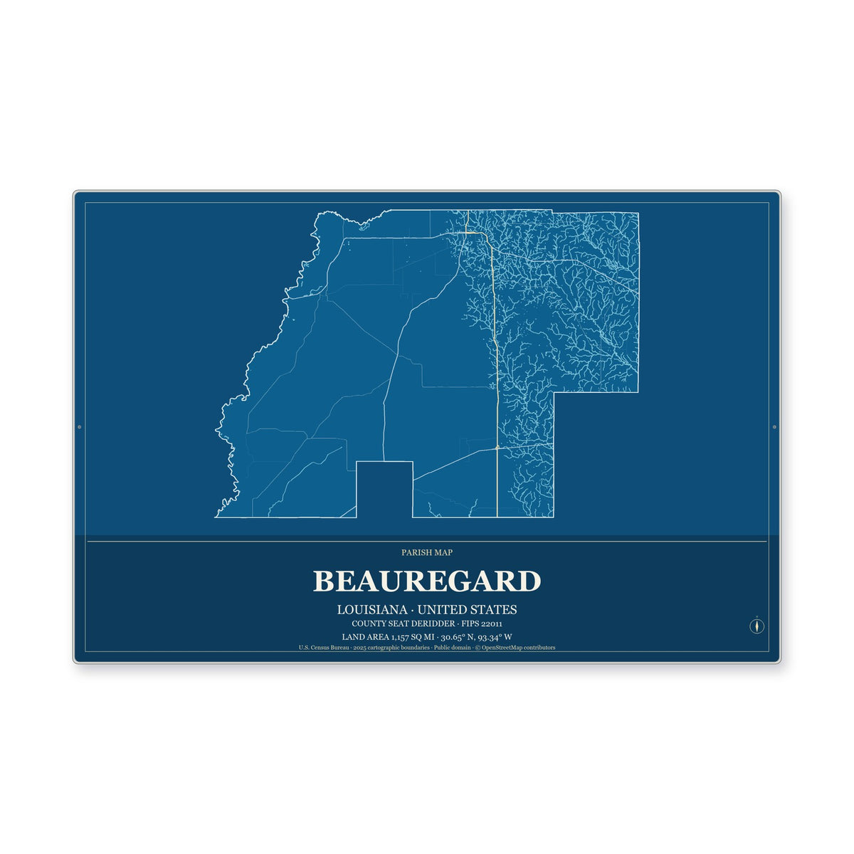 Beauregard Parish, Louisiana Map Aluminum Sign in Harbor Cobalt style