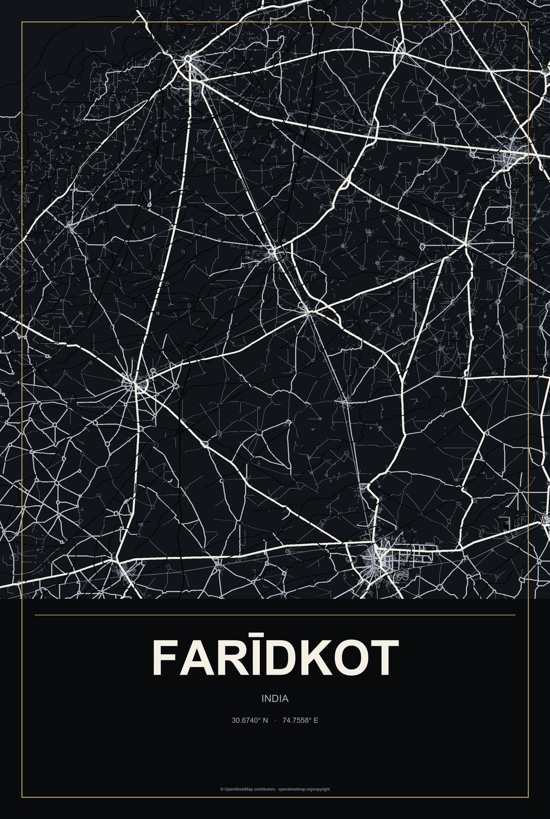 Farīdkot, India City Map Aluminum Sign in Metropolitan Noir style