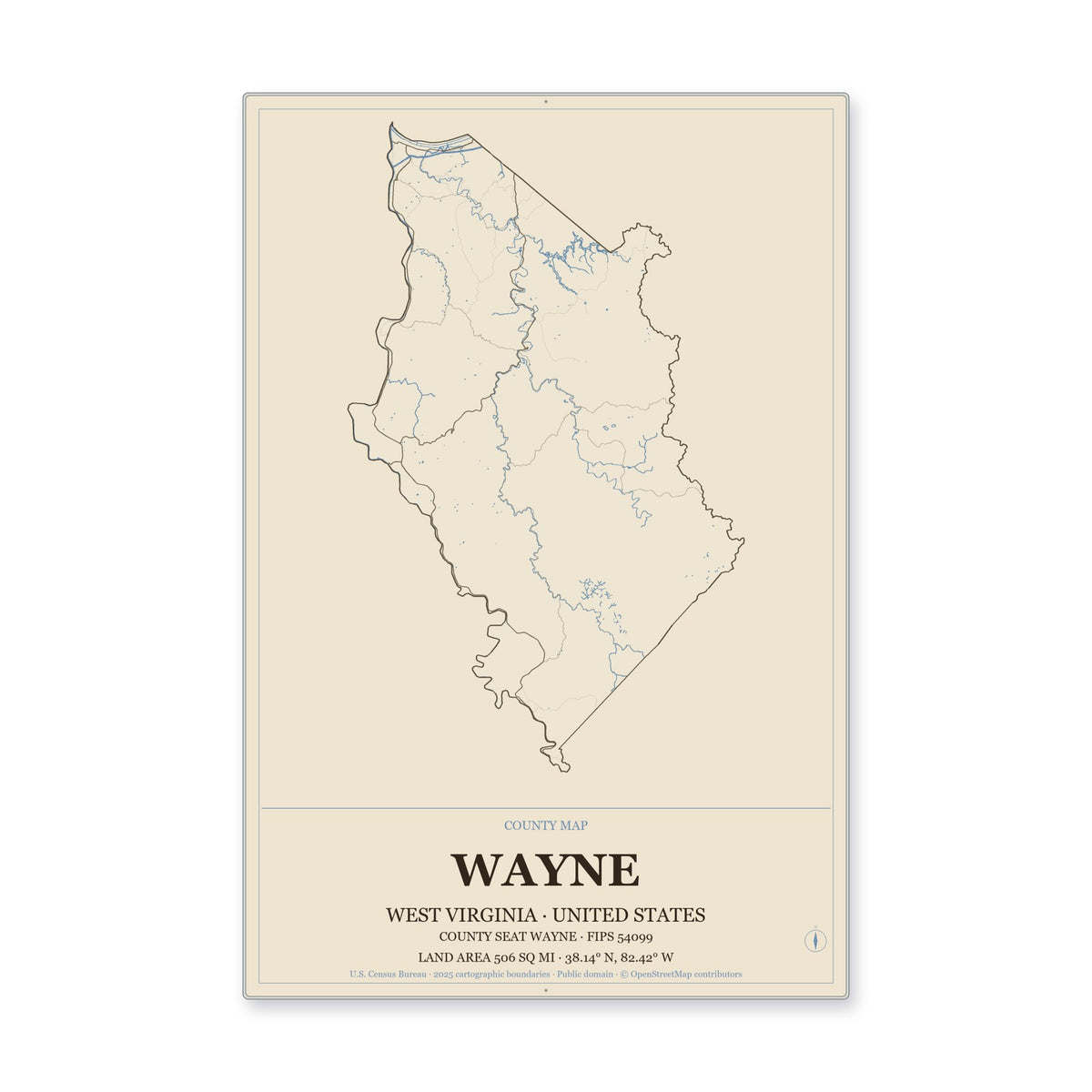 Wayne County, West Virginia Map Aluminum Sign in Heritage Nautical style