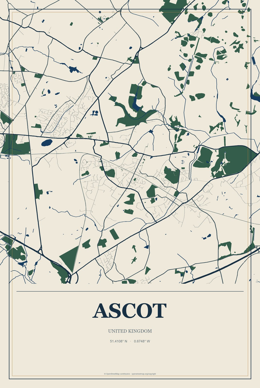 Ascot, United Kingdom City Map Aluminum Sign in Coastal Cutout style