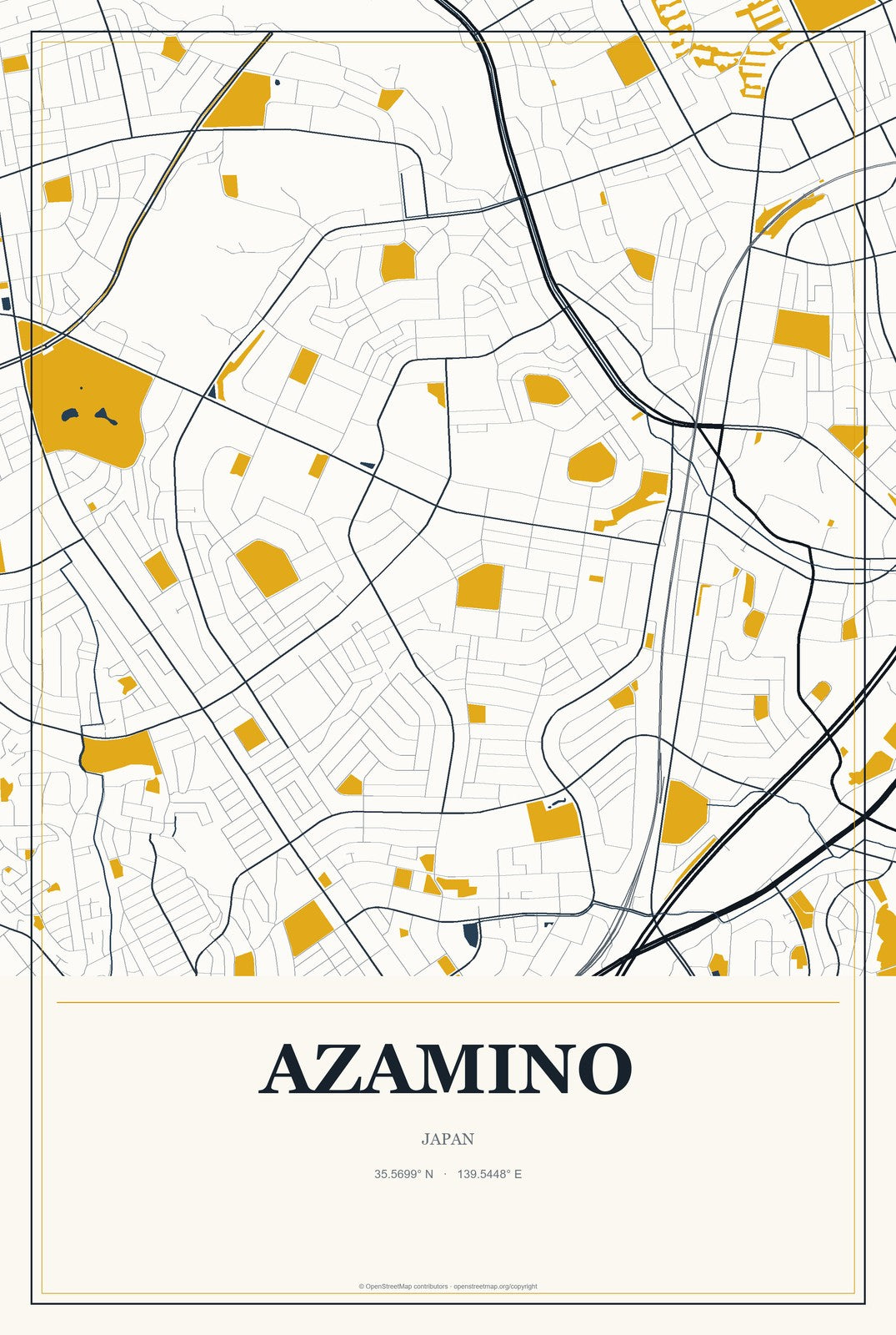 Azamino, Japan City Map Aluminum Sign in Citrine Modern style
