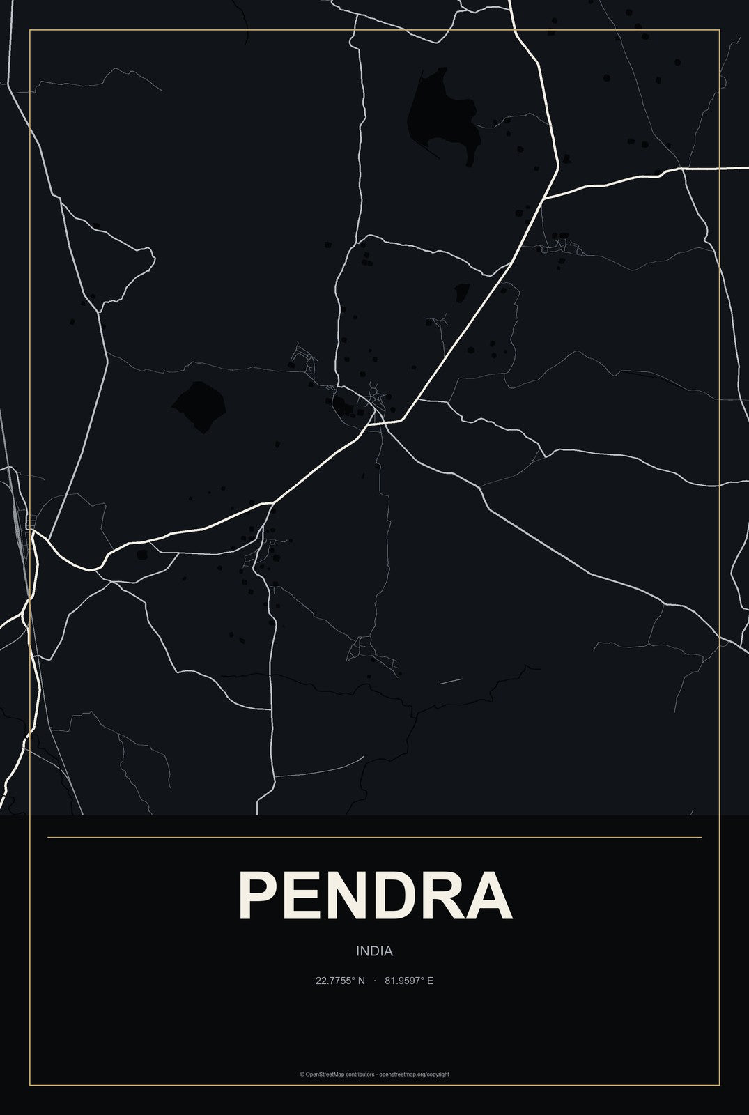 Pendra, India City Map Aluminum Sign in Metropolitan Noir style