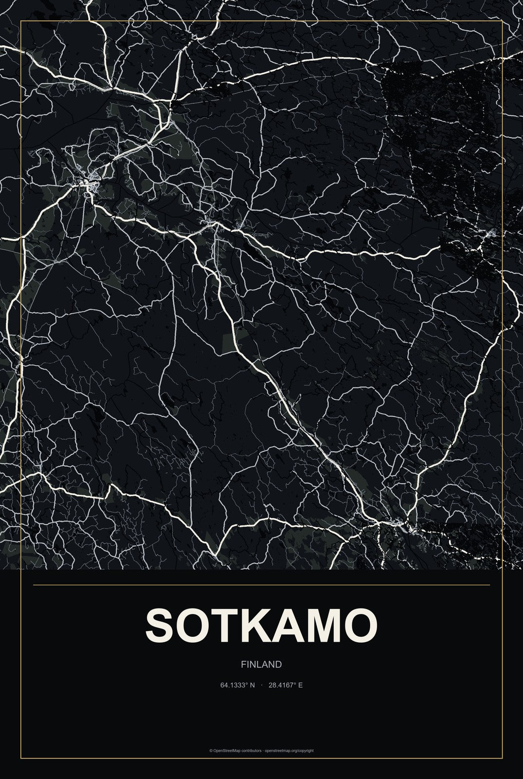 Sotkamo, Finland City Map Aluminum Sign in Metropolitan Noir style