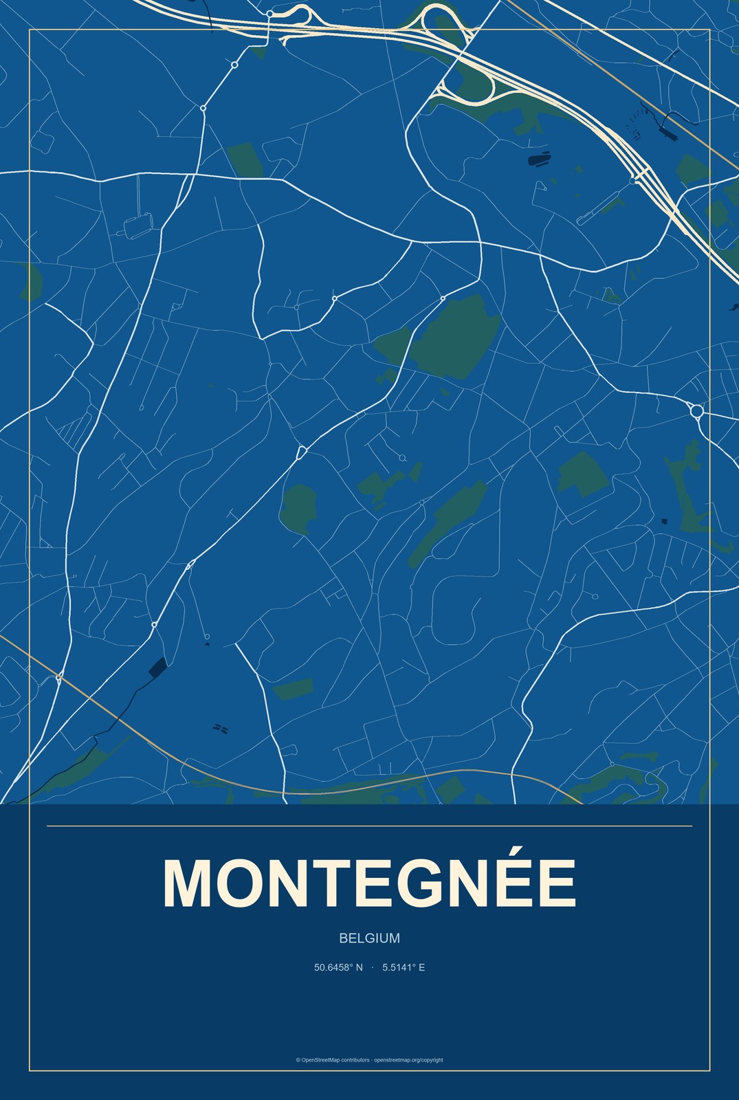 Montegnée, Belgium City Map Aluminum Sign in Harbor Cobalt style