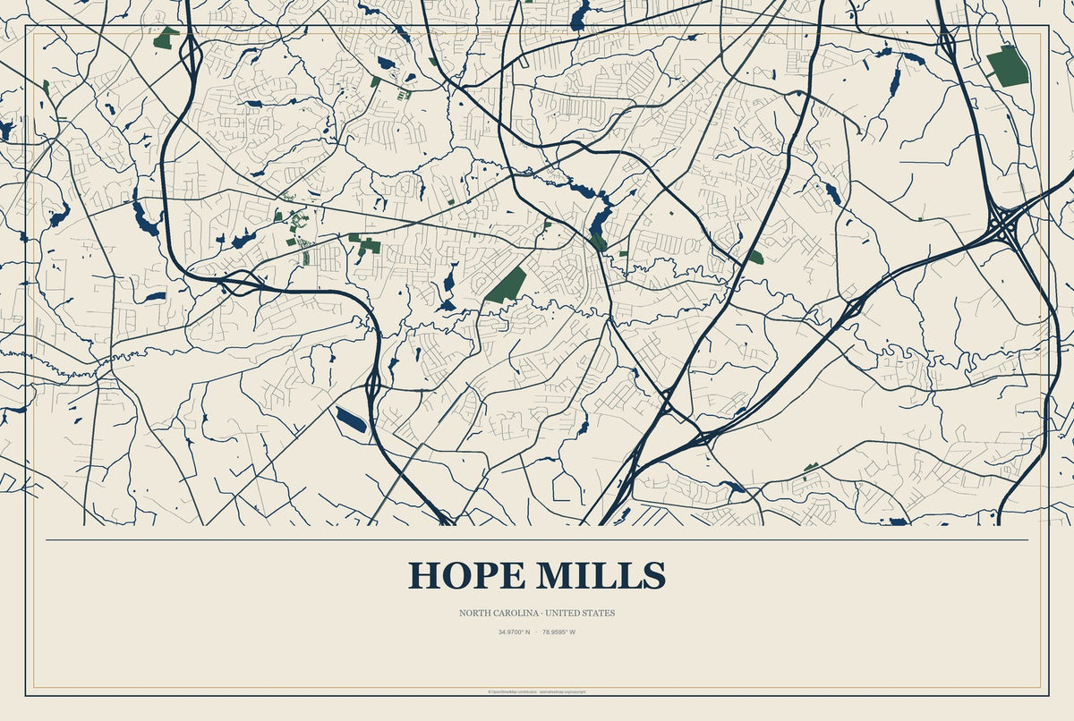 Hope Mills, North Carolina City Map Aluminum Sign in Coastal Cutout style
