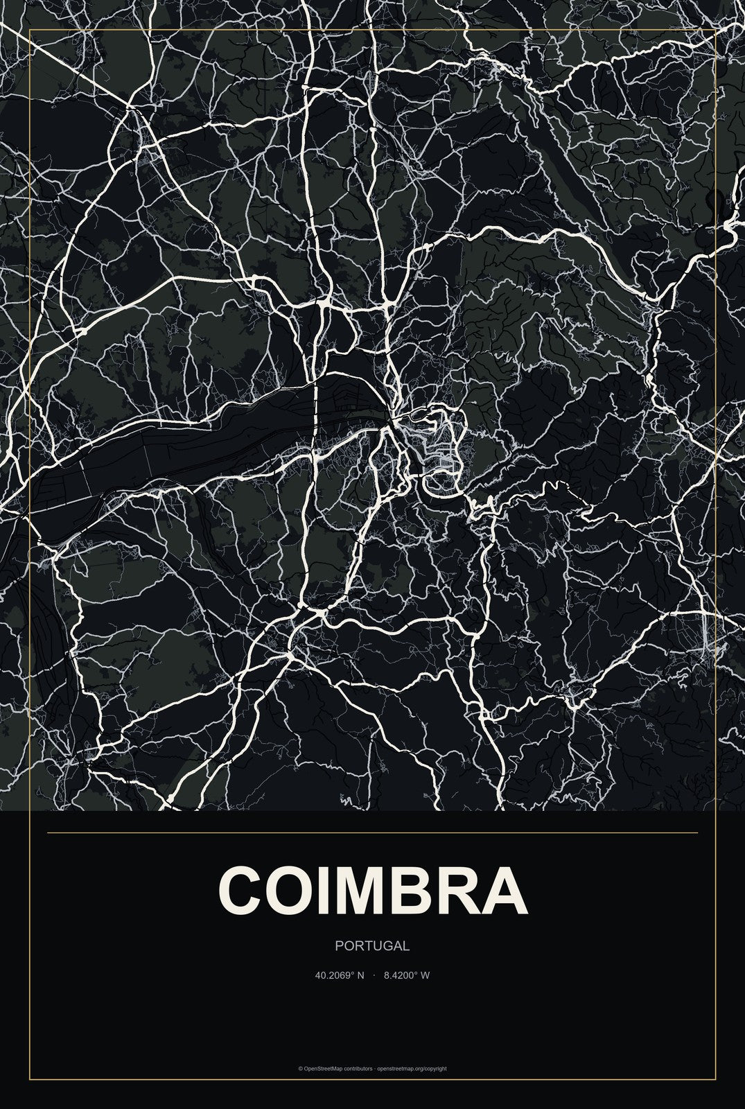Coimbra, Portugal City Map Aluminum Sign in Metropolitan Noir style