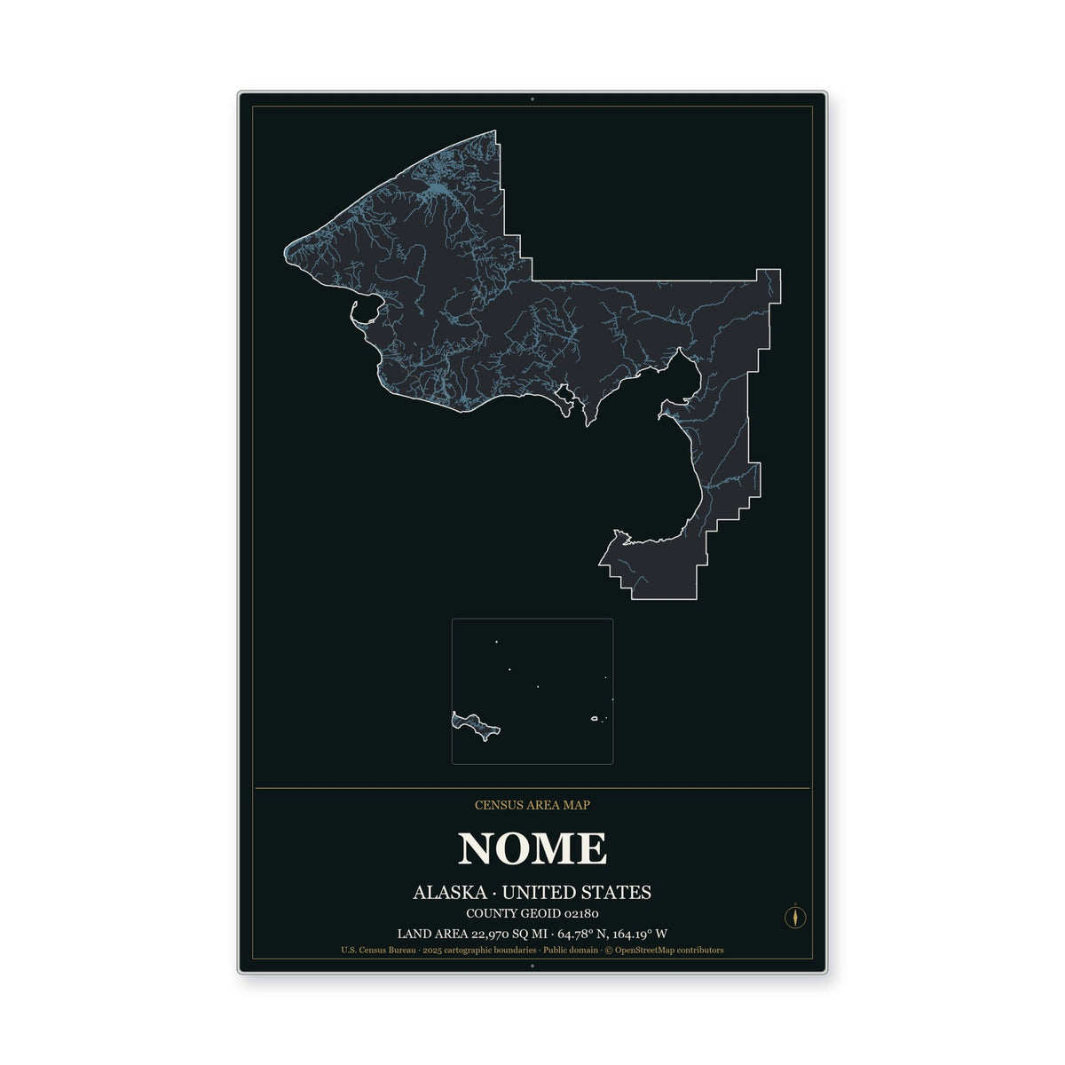 Nome Census Area, Alaska Map Aluminum Sign in Metropolitan Noir style