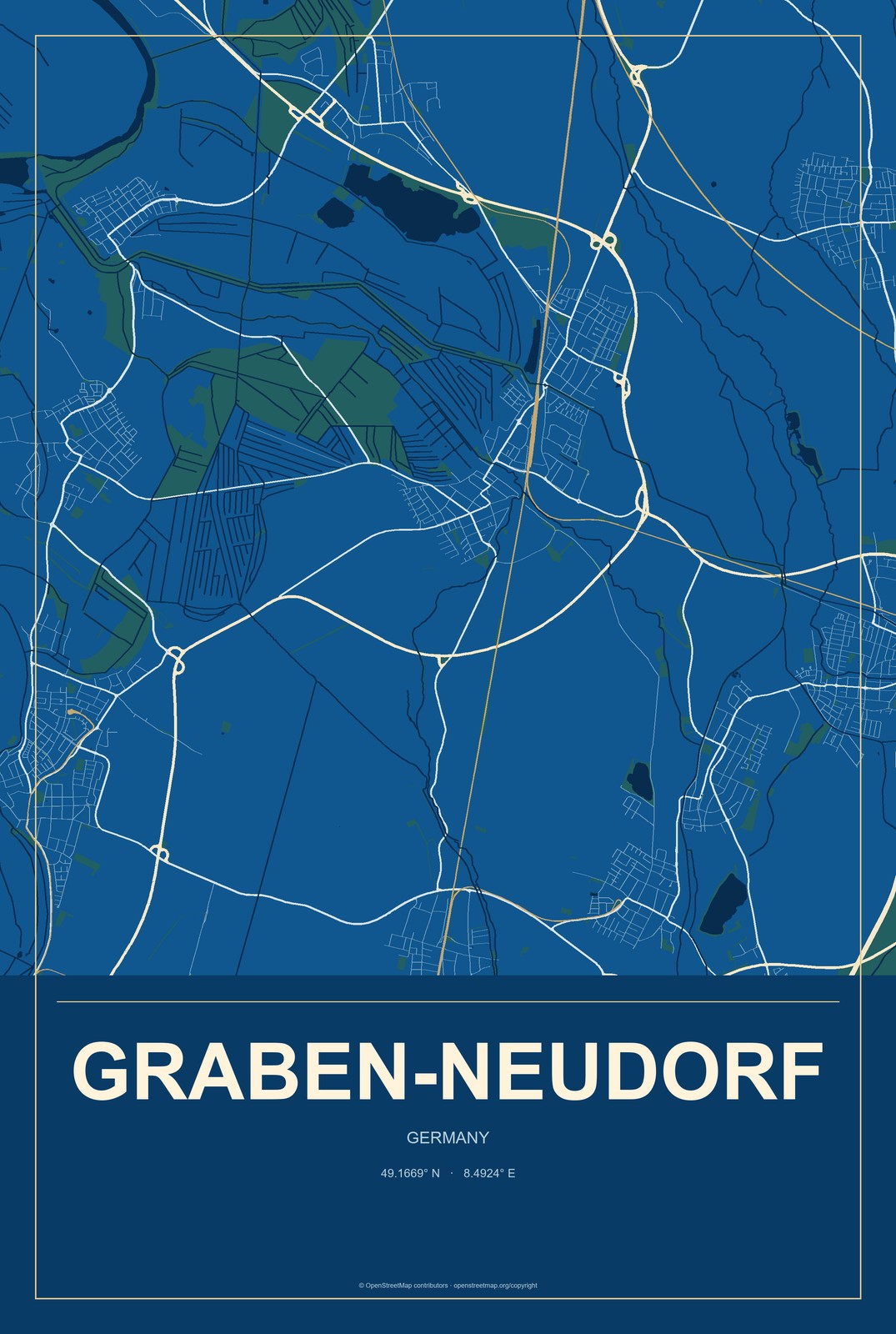 Graben-Neudorf, Germany City Map Aluminum Sign in Harbor Cobalt style