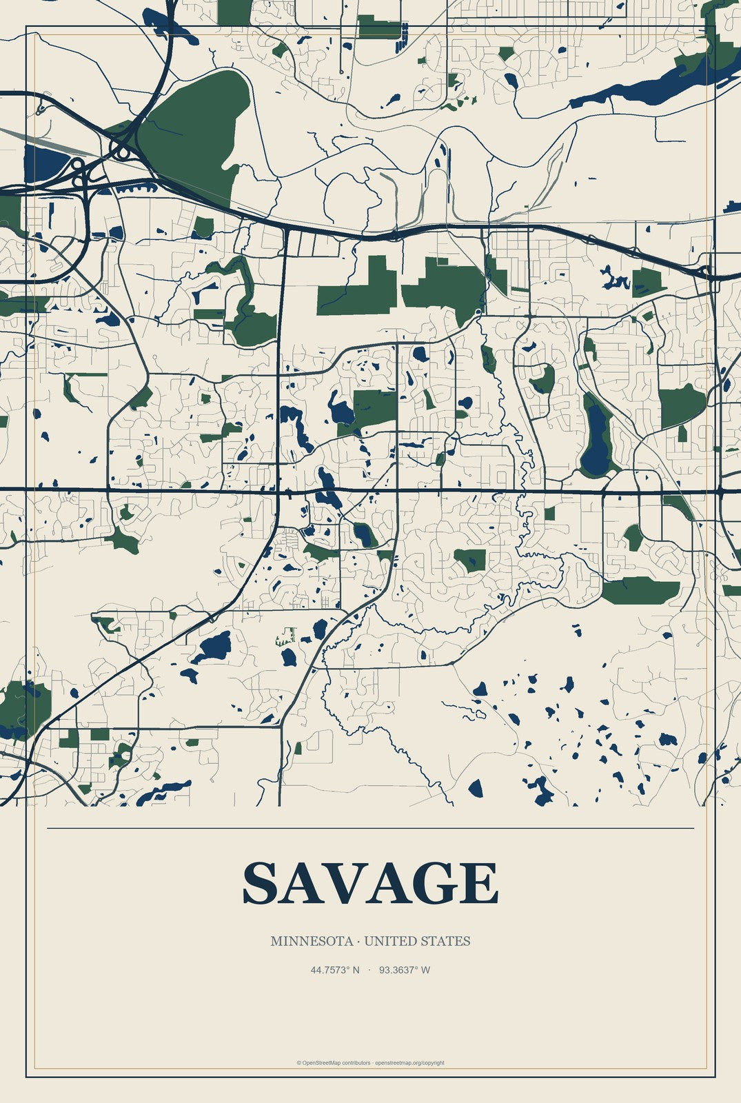 Savage, Minnesota City Map Aluminum Sign in Coastal Cutout style