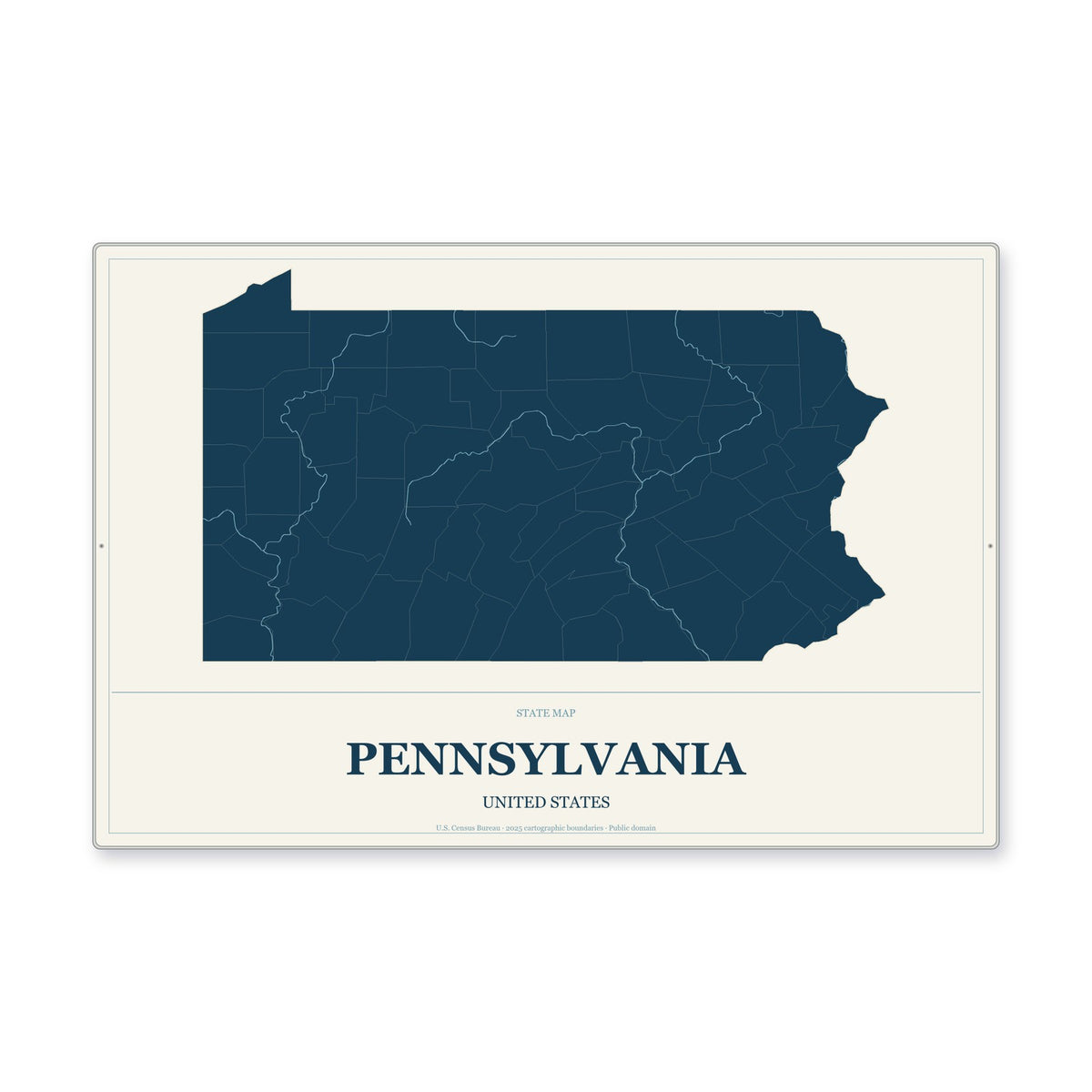 Pennsylvania state map aluminum sign in Coastal Cutout style