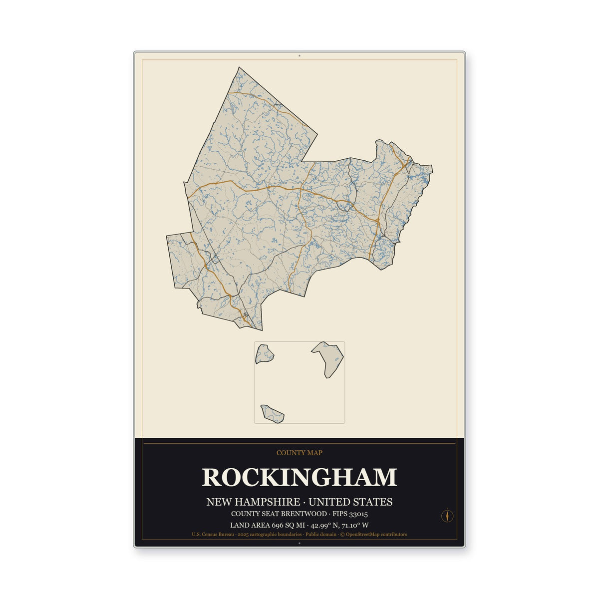 Rockingham County, New Hampshire Map Aluminum Sign in Museum Plaque style