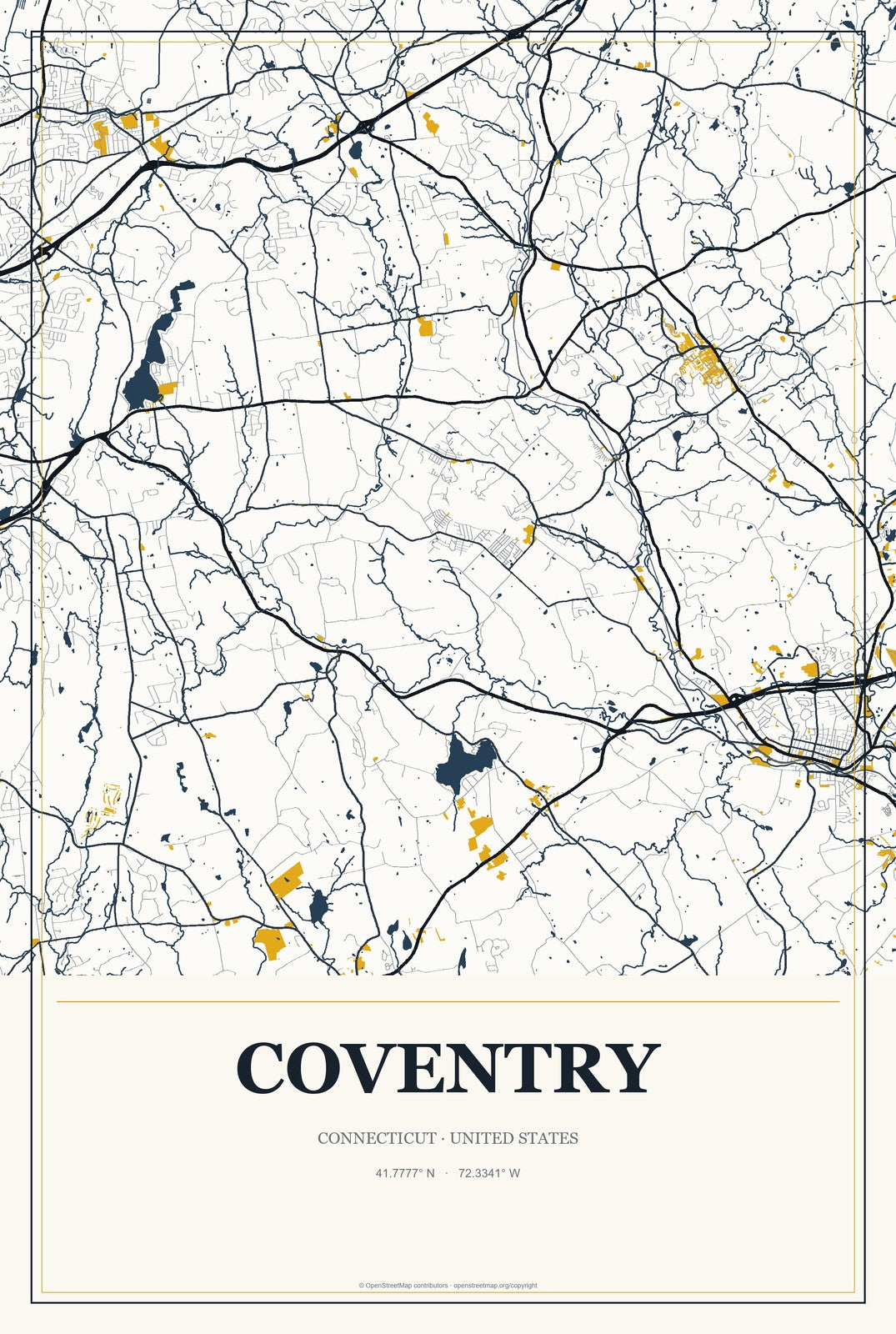 Coventry, Connecticut City Map Aluminum Sign in Citrine Modern style