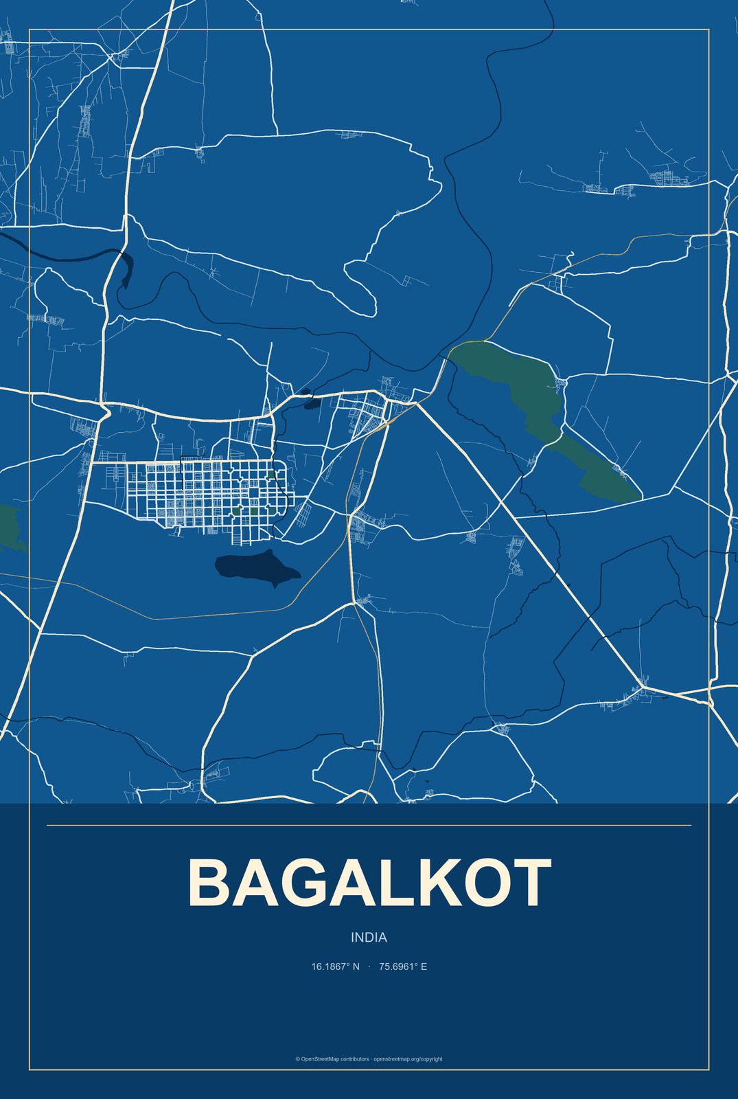 Bagalkot, India City Map Aluminum Sign in Harbor Cobalt style