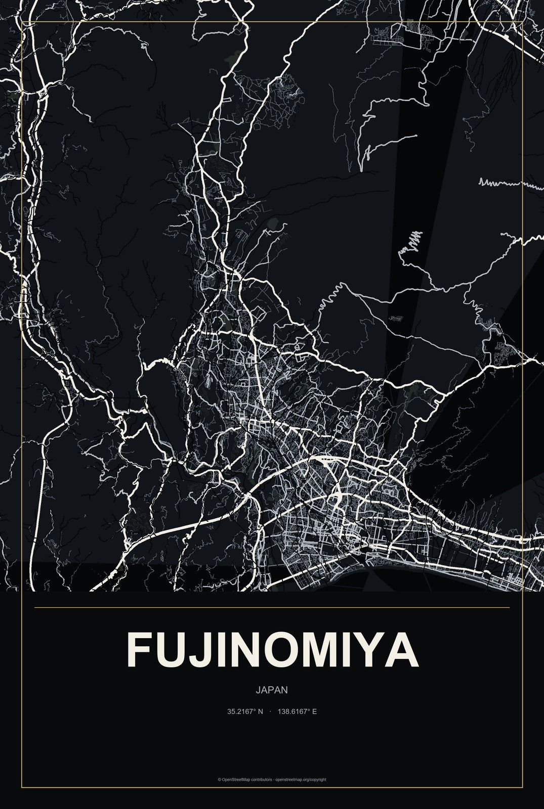 Fujinomiya, Japan City Map Aluminum Sign in Metropolitan Noir style
