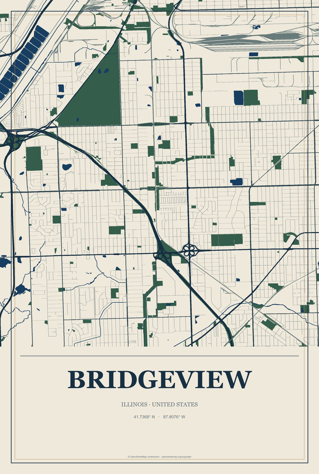 Bridgeview, Illinois City Map Aluminum Sign in Coastal Cutout style