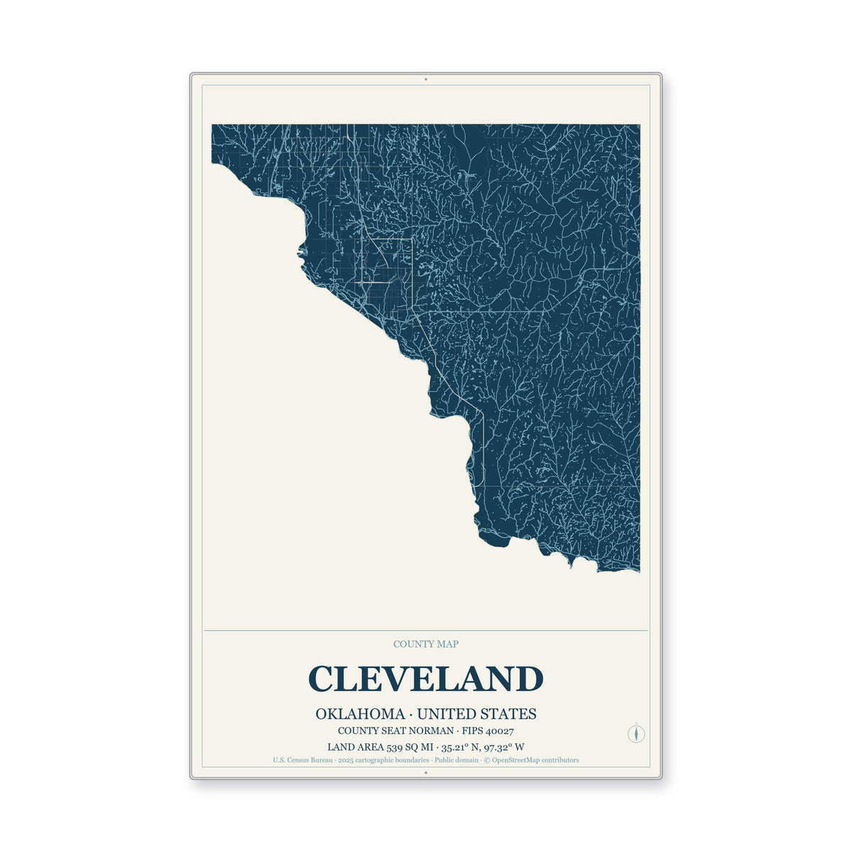 Cleveland County, Oklahoma Map Aluminum Sign in Coastal Cutout style