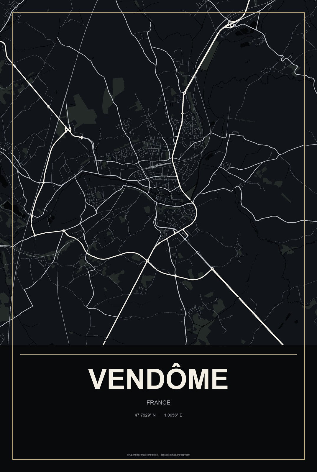 Vendôme, France City Map Aluminum Sign in Metropolitan Noir style