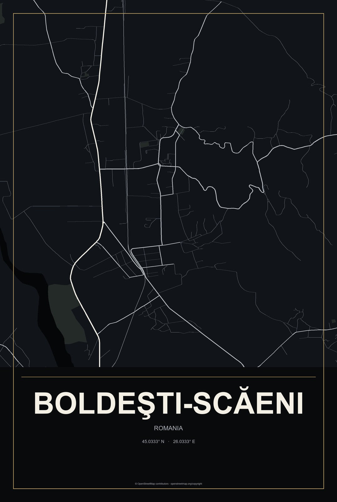 Boldeşti-Scăeni, Romania City Map Aluminum Sign in Metropolitan Noir style
