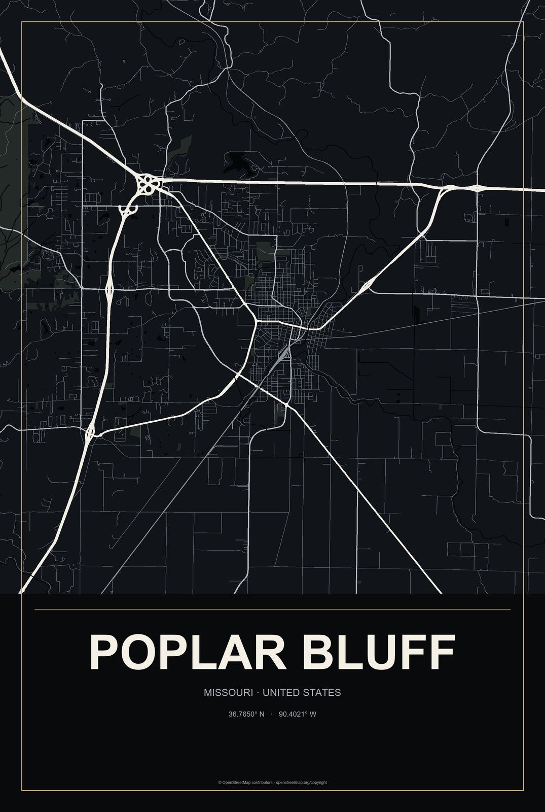 Poplar Bluff, Missouri City Map Aluminum Sign in Metropolitan Noir style