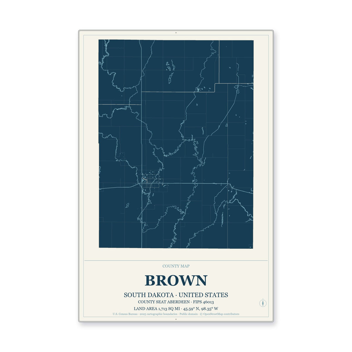 Brown County, South Dakota Map Aluminum Sign in Coastal Cutout style