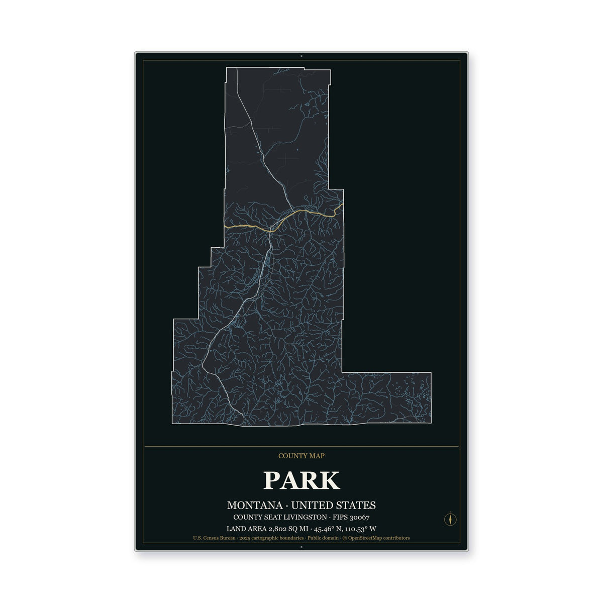 Park County, Montana Map Aluminum Sign in Metropolitan Noir style