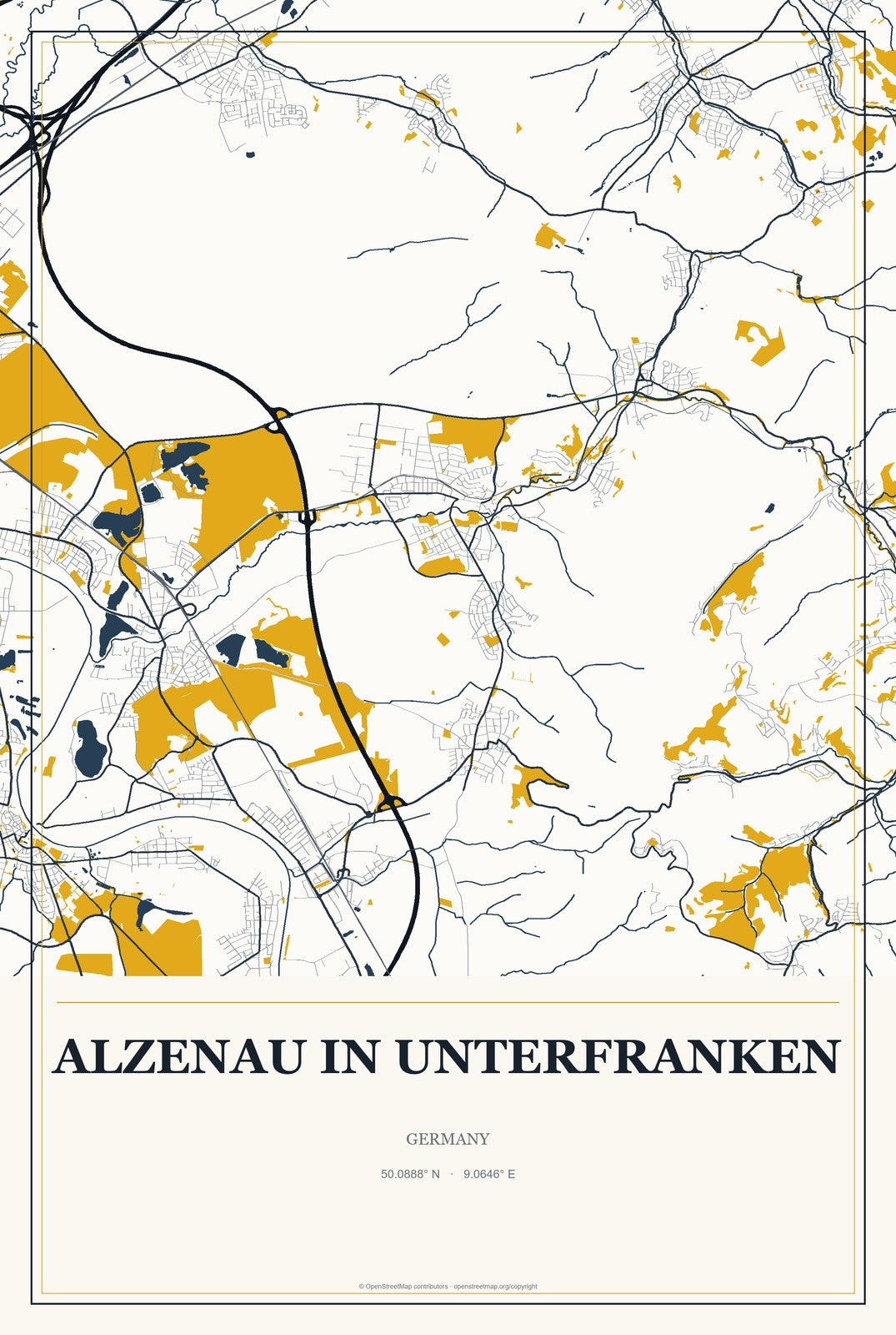 Alzenau in Unterfranken, Germany City Map Aluminum Sign in Citrine Modern style
