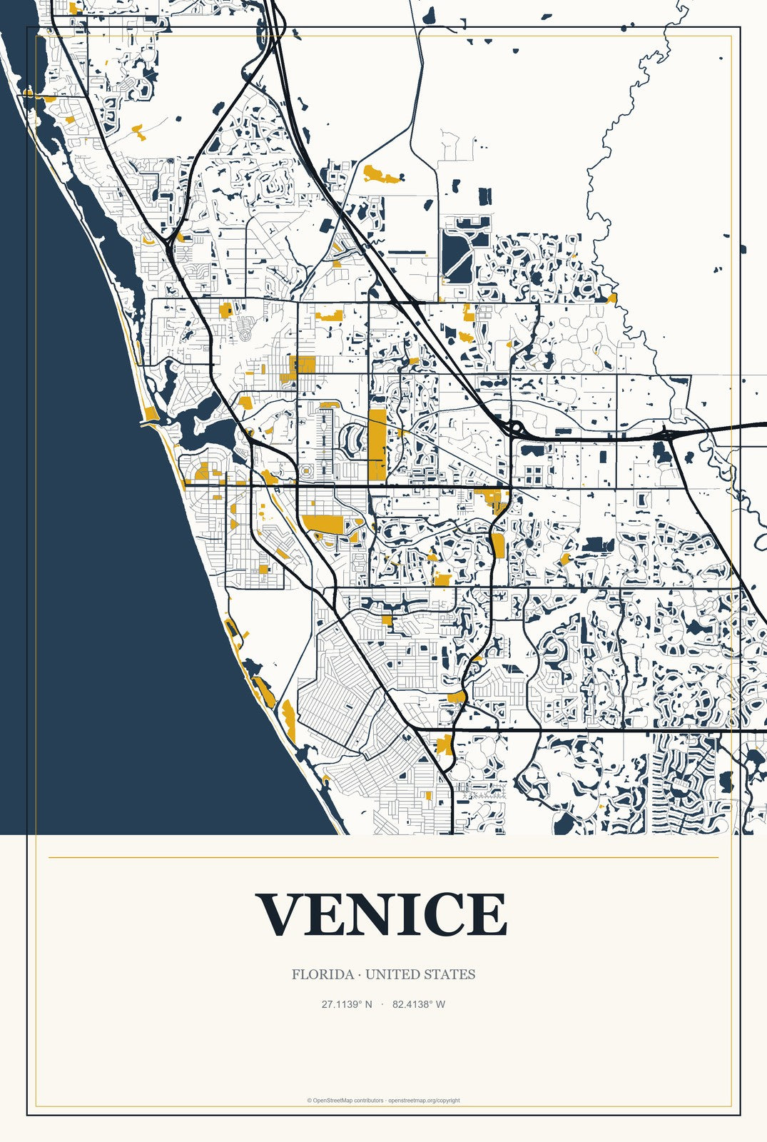 Venice, Florida City Map Aluminum Sign in Citrine Modern style