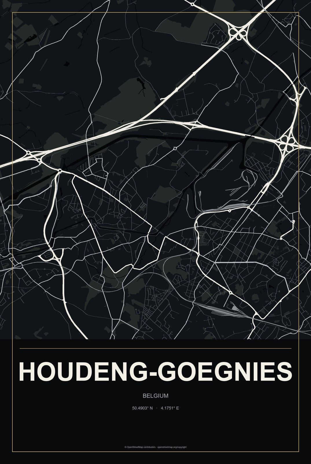Houdeng-Goegnies, Belgium City Map Aluminum Sign in Metropolitan Noir style