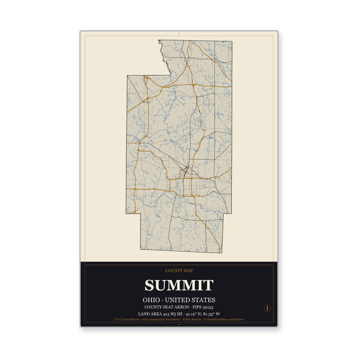Summit County, Ohio Map Aluminum Sign in Museum Plaque style
