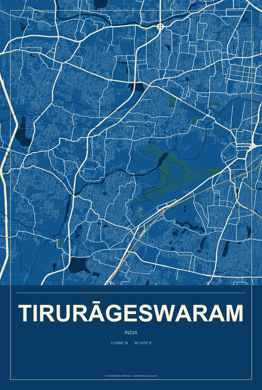 Tirurāgeswaram, India City Map Aluminum Sign in Harbor Cobalt style