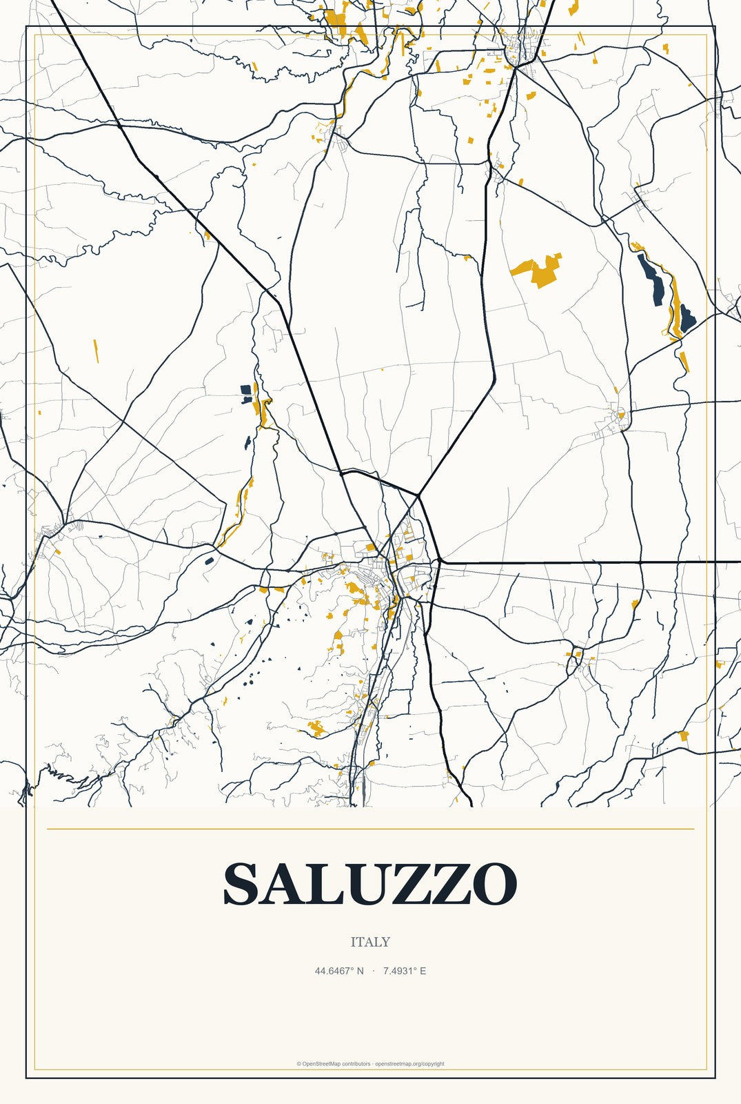 Saluzzo, Italy City Map Aluminum Sign in Citrine Modern style