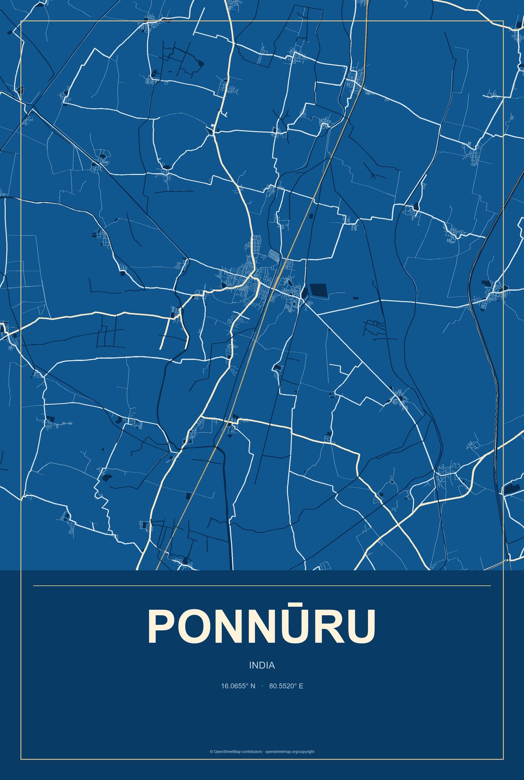 Ponnūru, India City Map Aluminum Sign in Harbor Cobalt style