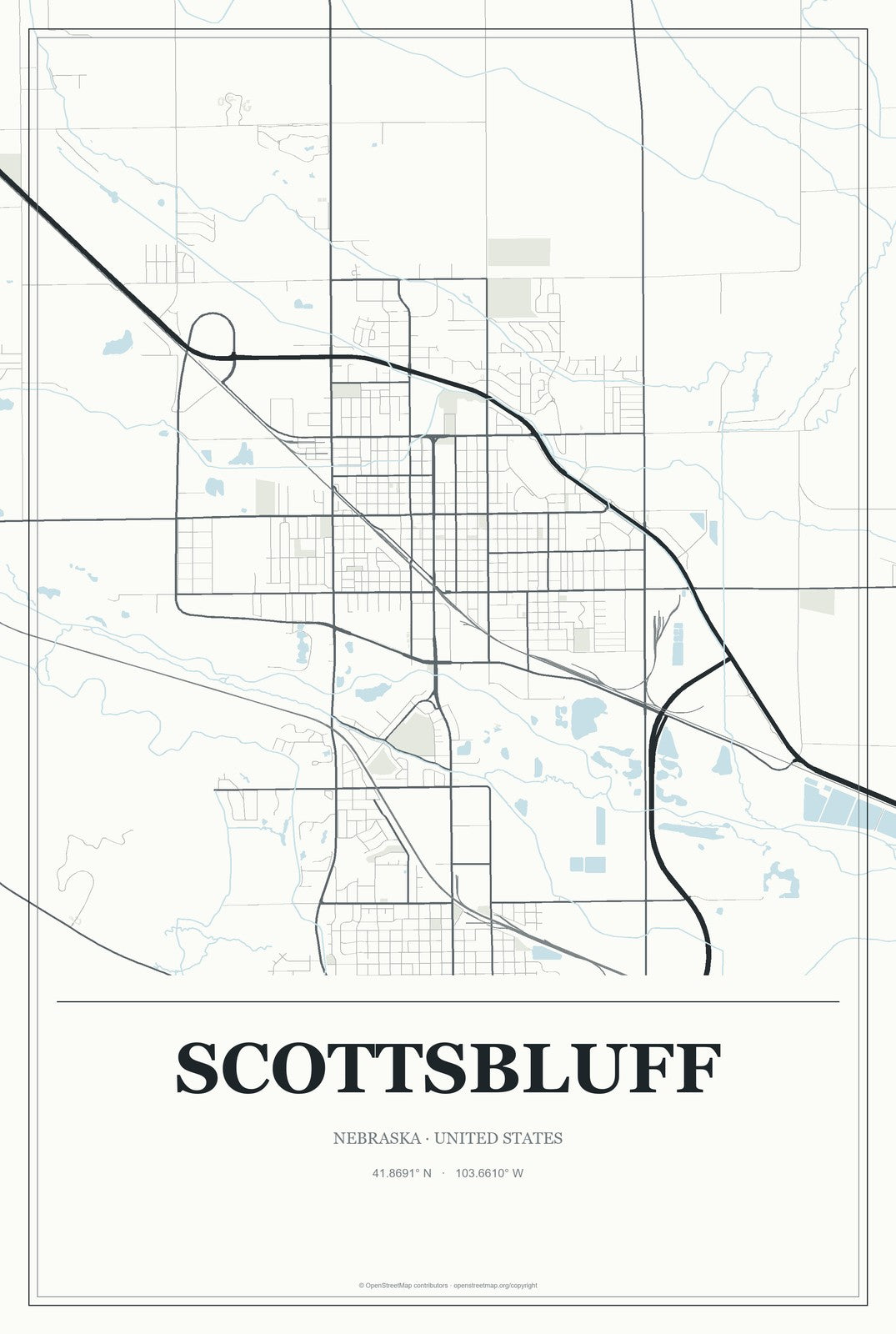 Scottsbluff, Nebraska City Map Aluminum Sign in Gallery Air style