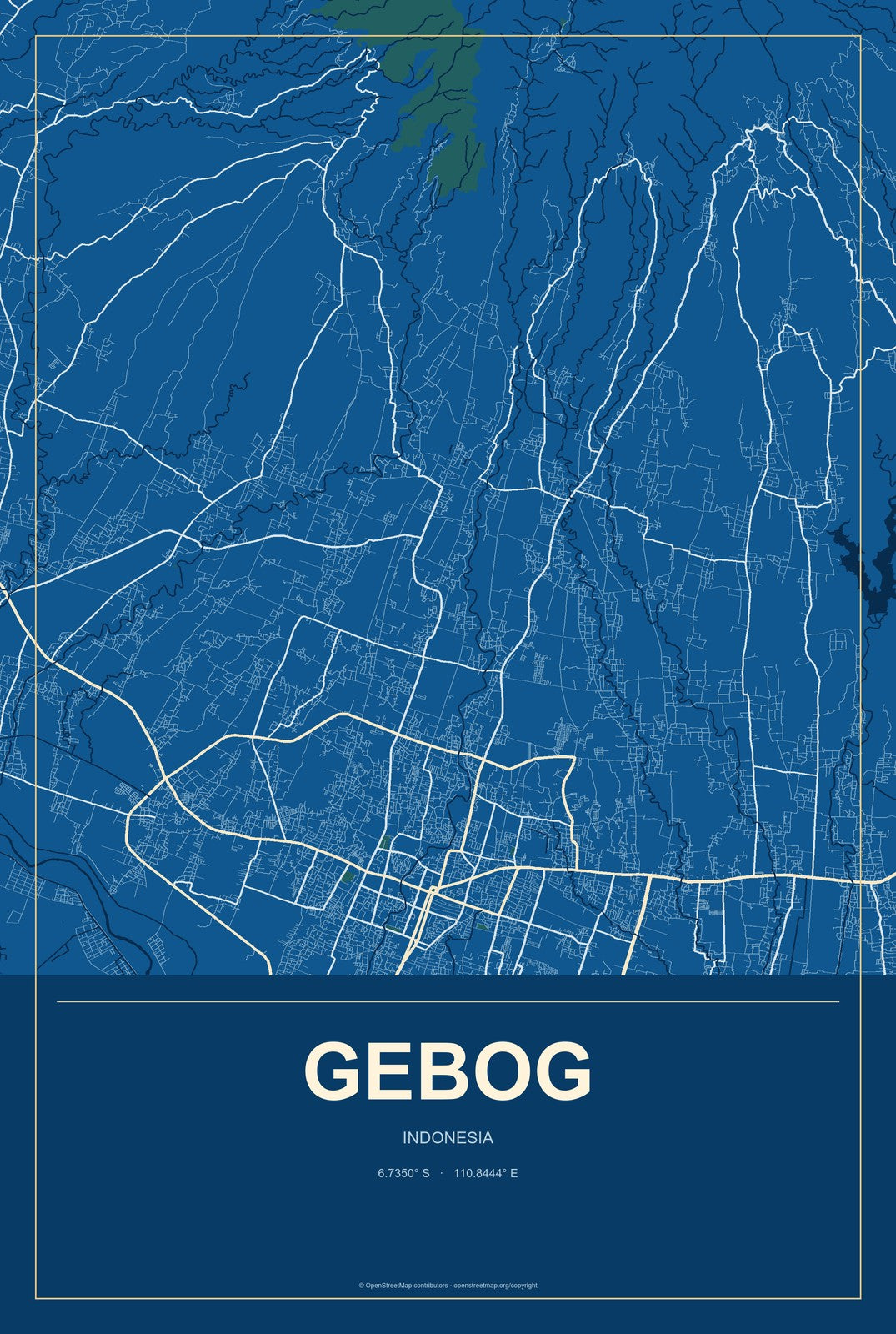 Gebog, Indonesia City Map Aluminum Sign in Harbor Cobalt style