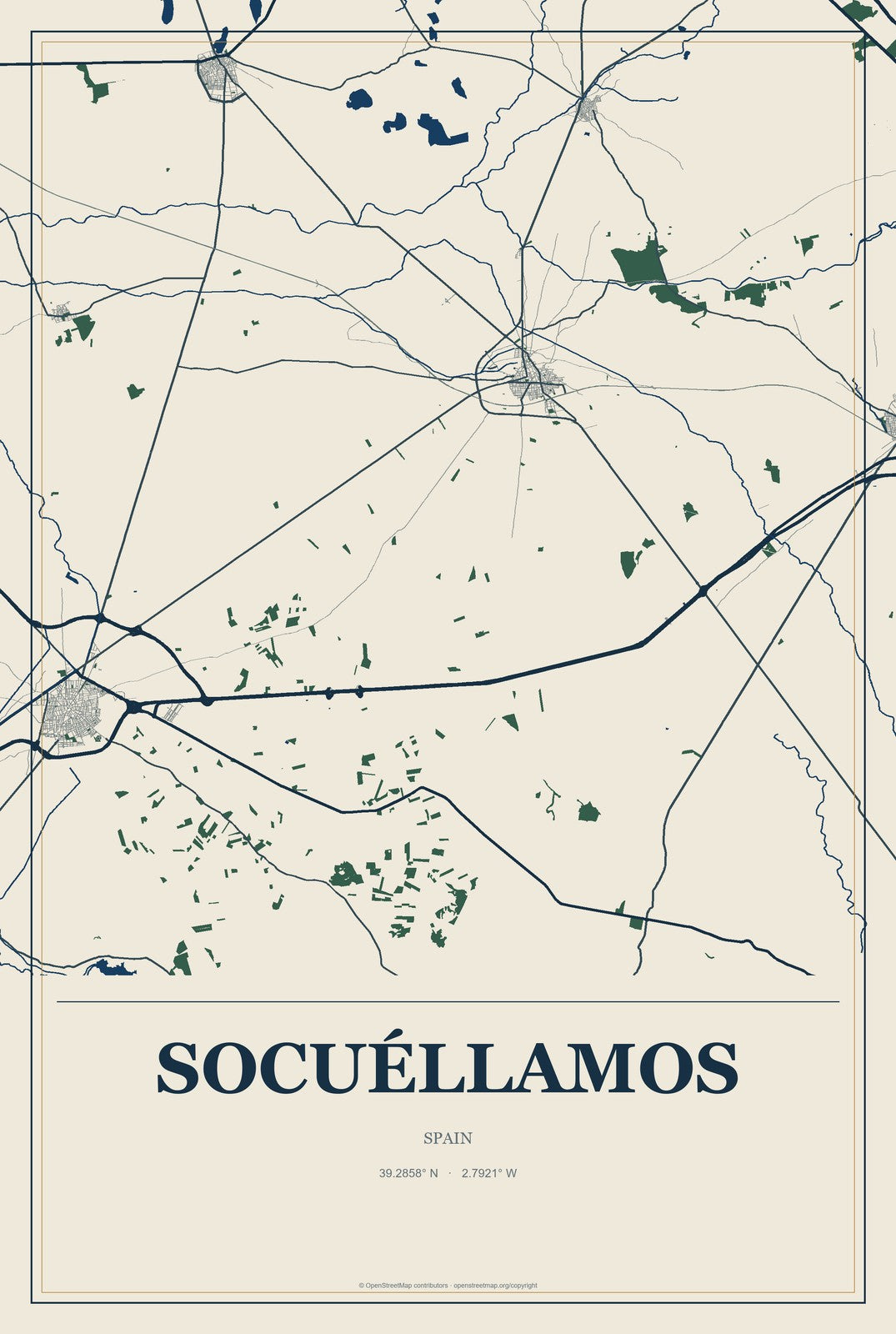 Socuéllamos, Spain City Map Aluminum Sign in Coastal Cutout style