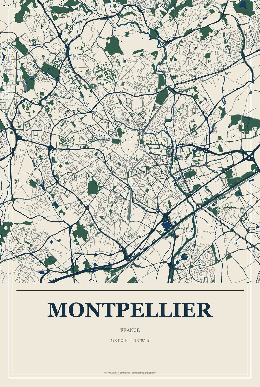 Montpellier, France City Map Aluminum Sign in Coastal Cutout style