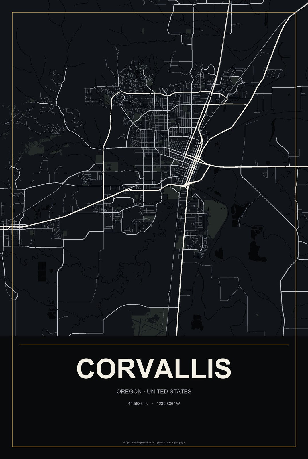 Corvallis, Oregon City Map Aluminum Sign in Metropolitan Noir style