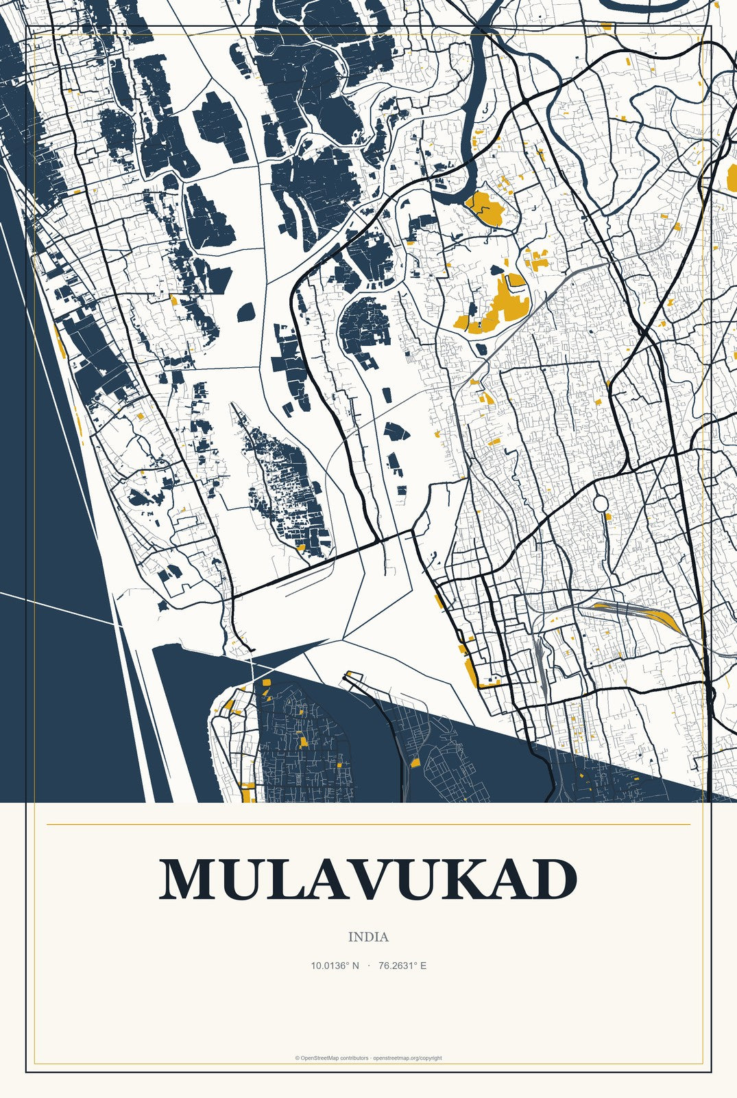 Mulavukad, India City Map Aluminum Sign in Citrine Modern style
