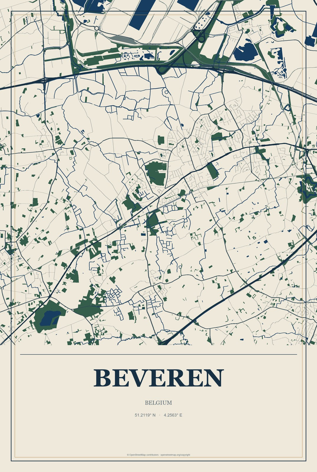 Beveren, Belgium City Map Aluminum Sign in Coastal Cutout style