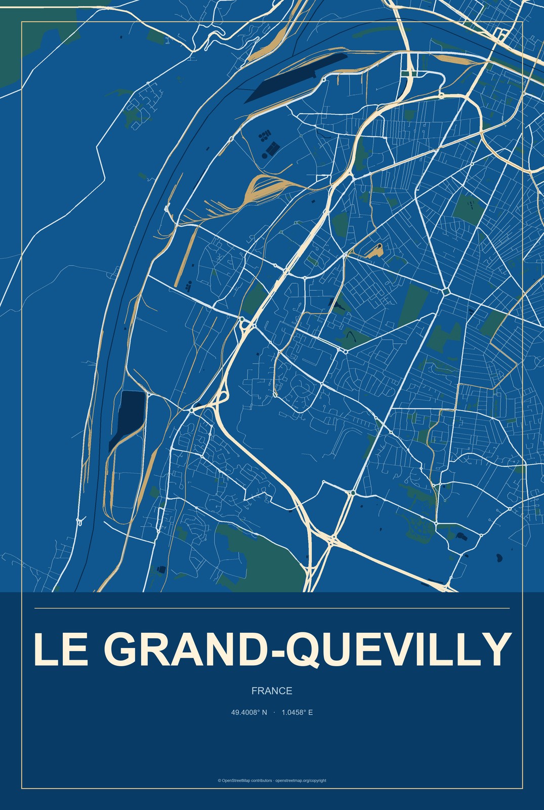 Le Grand-Quevilly, France City Map Aluminum Sign in Harbor Cobalt style