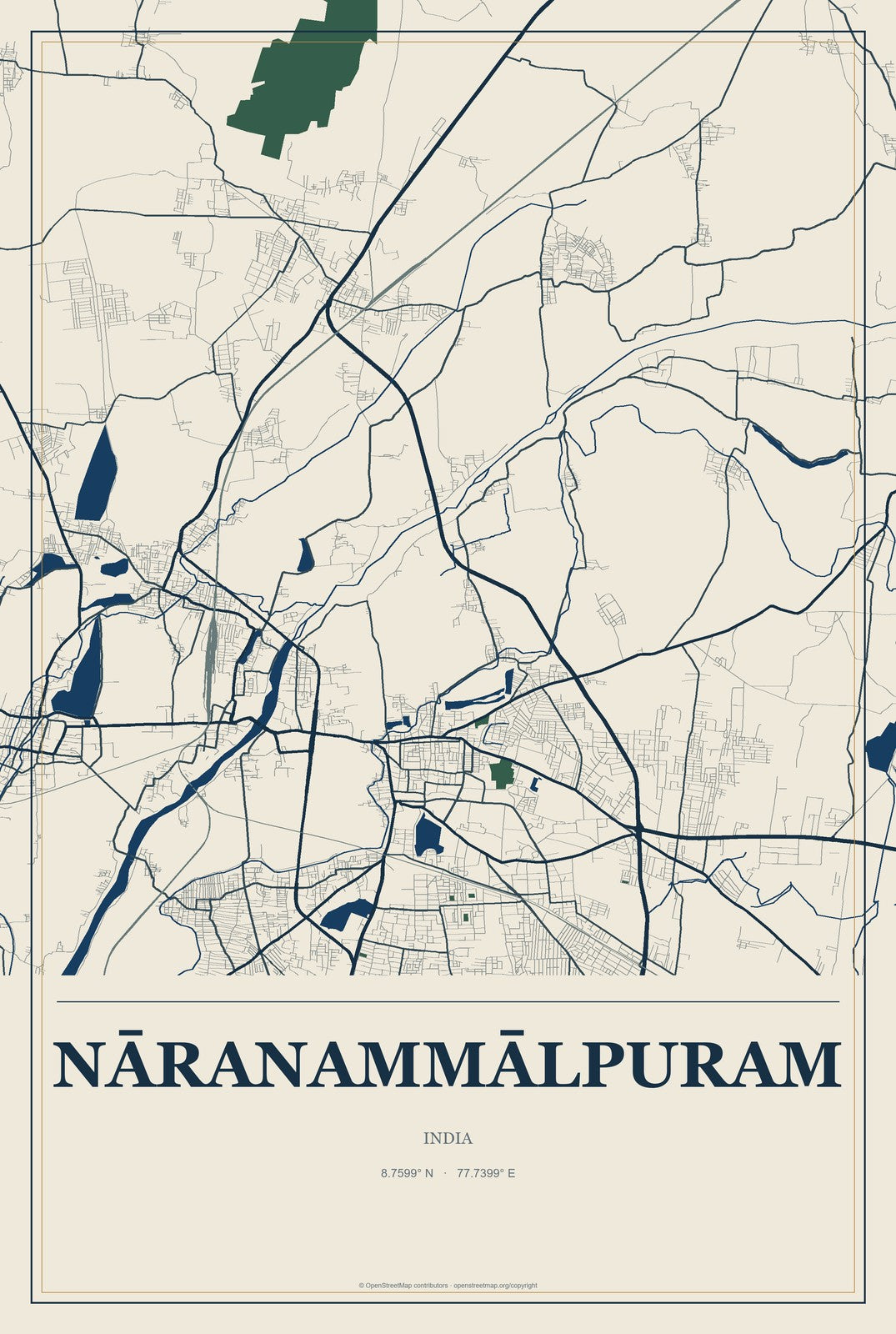Nāranammālpuram, India City Map Aluminum Sign in Coastal Cutout style
