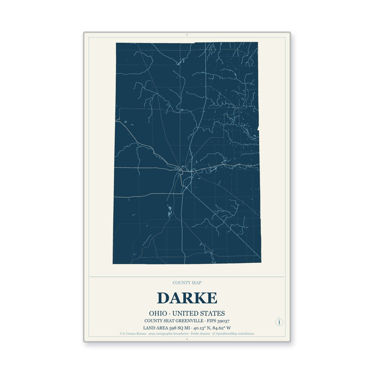 Darke County, Ohio Map Aluminum Sign in Coastal Cutout style