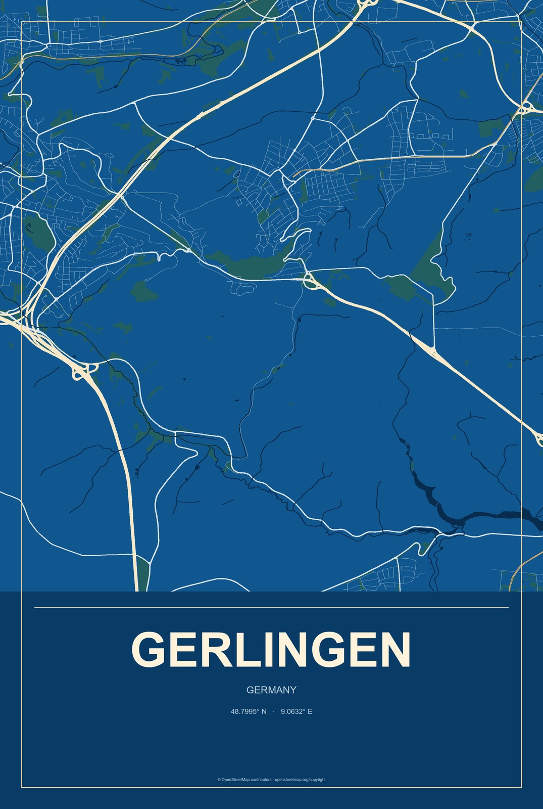 Gerlingen, Germany City Map Aluminum Sign in Harbor Cobalt style