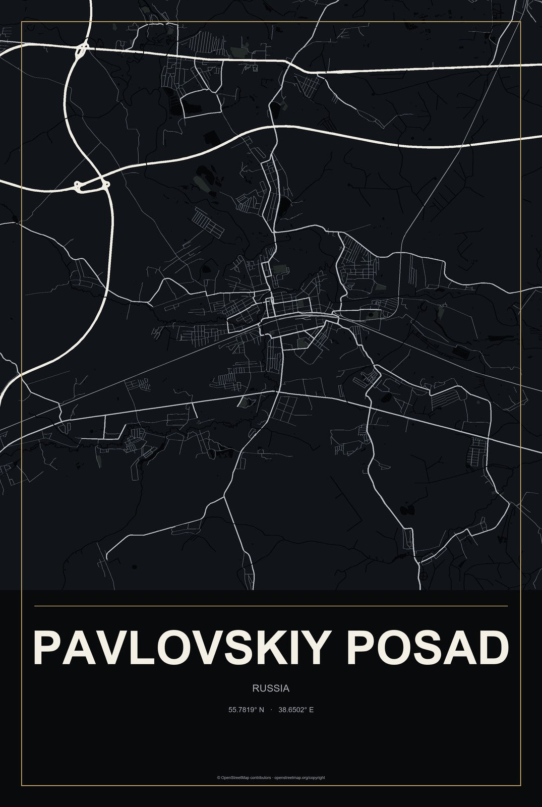 Pavlovskiy Posad, Russia City Map Aluminum Sign in Metropolitan Noir style