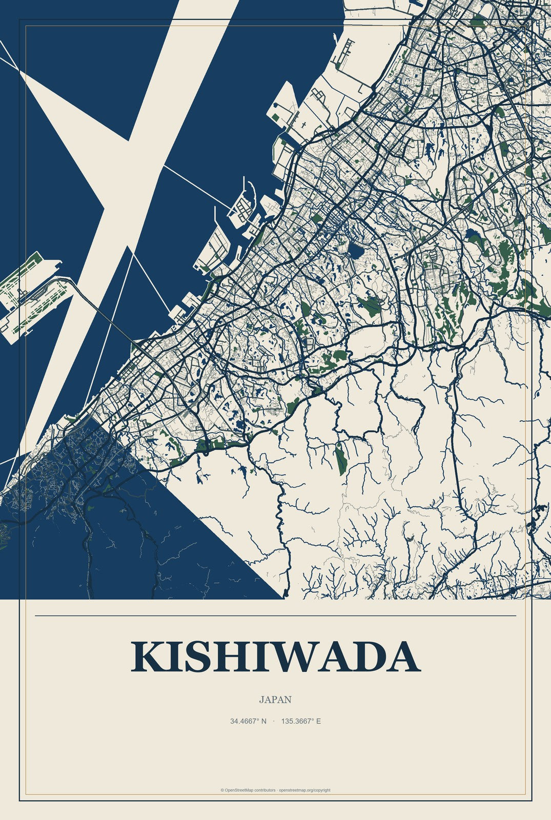 Kishiwada, Japan City Map Aluminum Sign in Coastal Cutout style